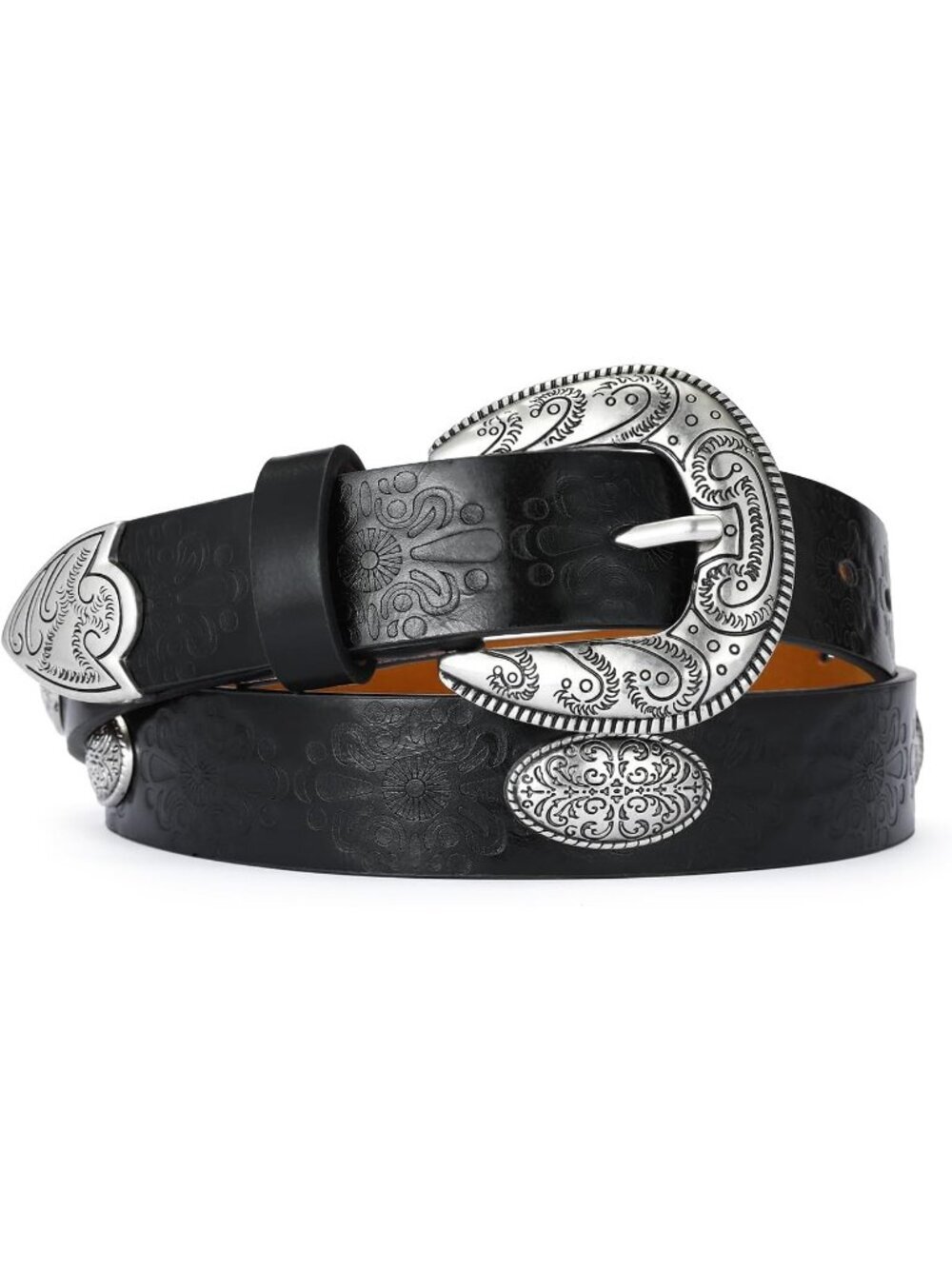 Women Black Synthetic Leather Belt Western Vintage Cowgirl Engraved Buckle Belt